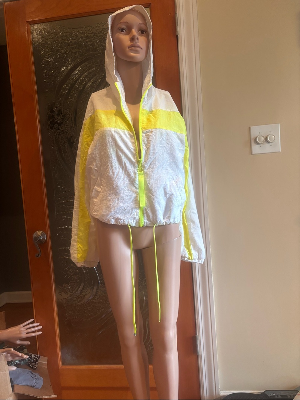 Ashley By 26 International White and Neon Yellow Hooded Bomber Jacket